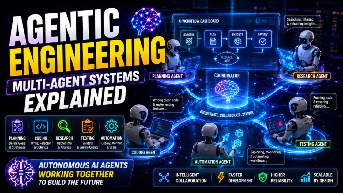 Agentic Engineering and Multi-Agent Systems showing autonomous AI agents collaborating to complete complex software development and automation tasks